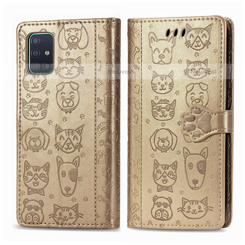 Leather Case Stands Fashionable Pattern Flip Cover Holder S03D for Samsung Galaxy A51 4G Gold