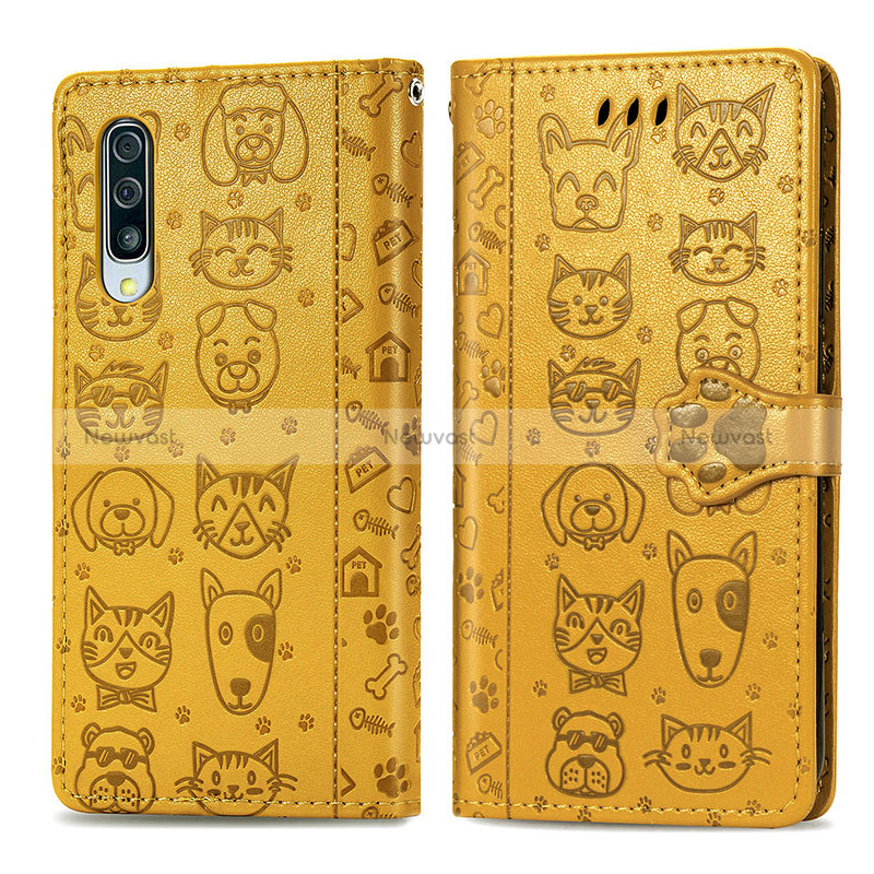 Leather Case Stands Fashionable Pattern Flip Cover Holder S03D for Samsung Galaxy A70 Yellow