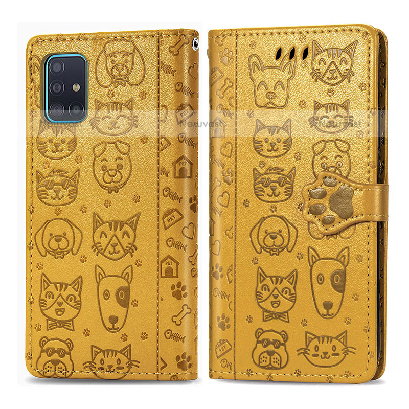 Leather Case Stands Fashionable Pattern Flip Cover Holder S03D for Samsung Galaxy A71 4G A715 Yellow