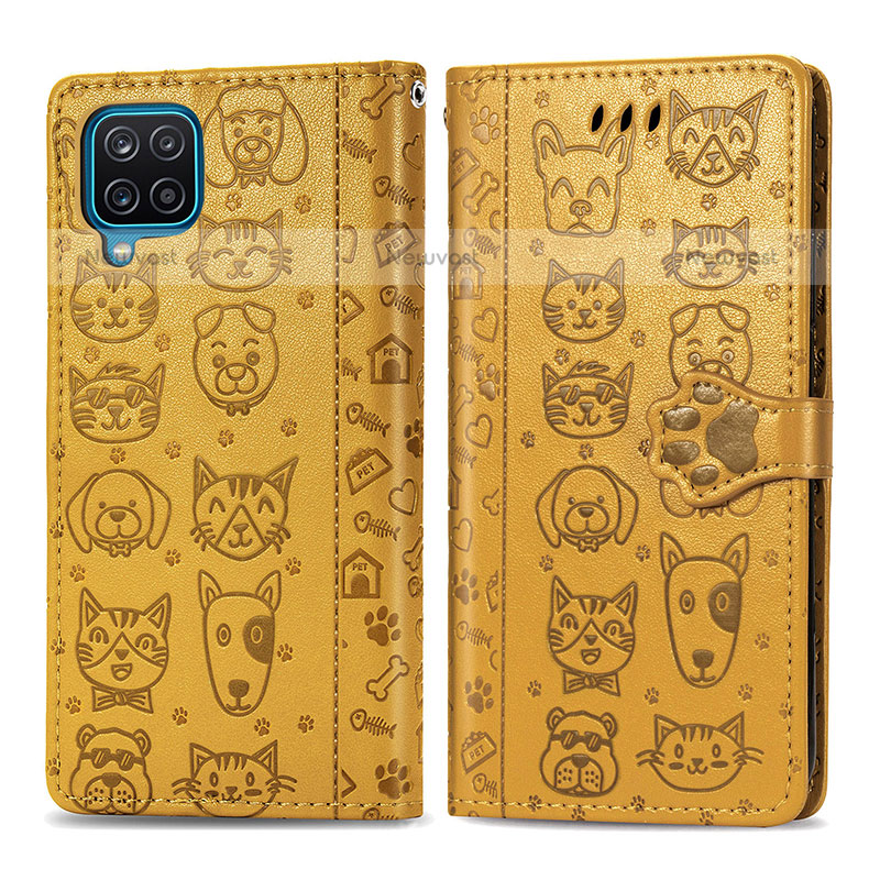 Leather Case Stands Fashionable Pattern Flip Cover Holder S03D for Samsung Galaxy F12 Yellow