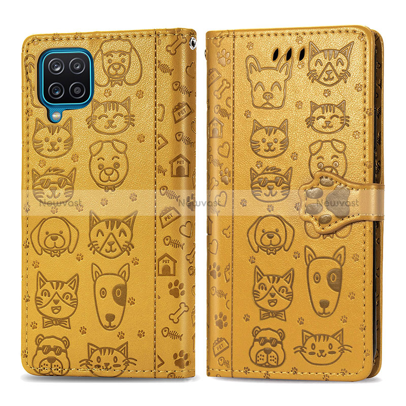 Leather Case Stands Fashionable Pattern Flip Cover Holder S03D for Samsung Galaxy M12 Yellow