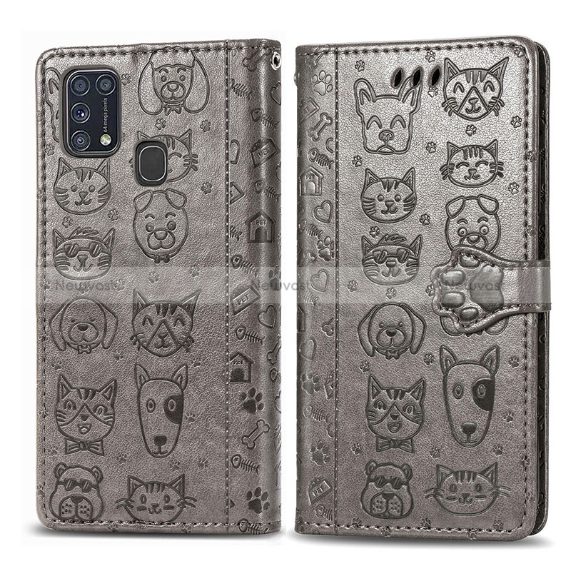 Leather Case Stands Fashionable Pattern Flip Cover Holder S03D for Samsung Galaxy M21s Gray