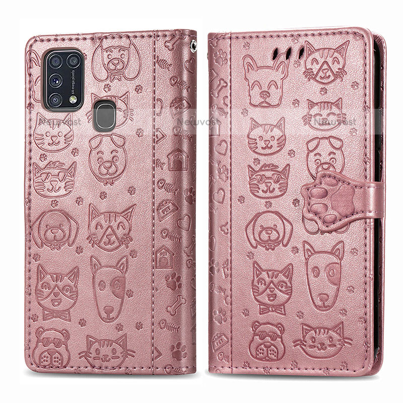 Leather Case Stands Fashionable Pattern Flip Cover Holder S03D for Samsung Galaxy M31 Pink