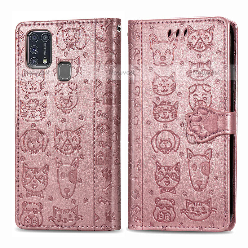 Leather Case Stands Fashionable Pattern Flip Cover Holder S03D for Samsung Galaxy M31 Prime Edition Pink