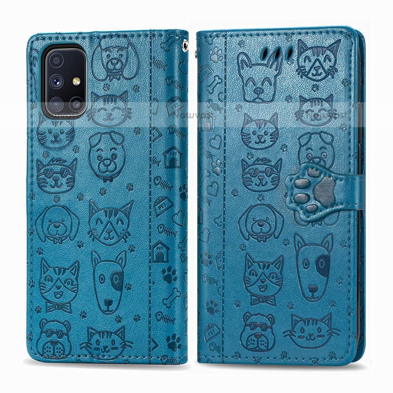 Leather Case Stands Fashionable Pattern Flip Cover Holder S03D for Samsung Galaxy M51 Blue