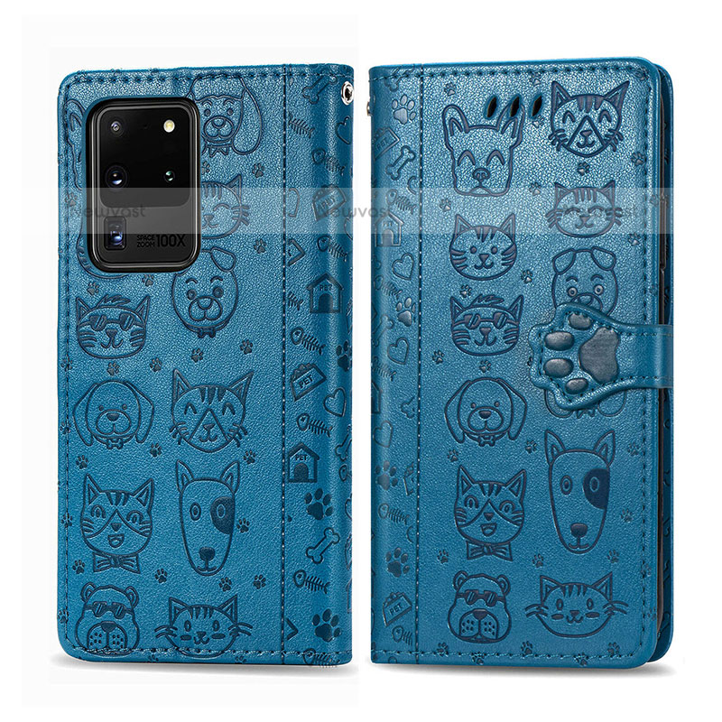 Leather Case Stands Fashionable Pattern Flip Cover Holder S03D for Samsung Galaxy S20 Ultra 5G Blue