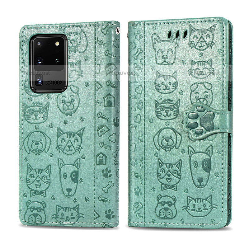 Leather Case Stands Fashionable Pattern Flip Cover Holder S03D for Samsung Galaxy S20 Ultra 5G Green
