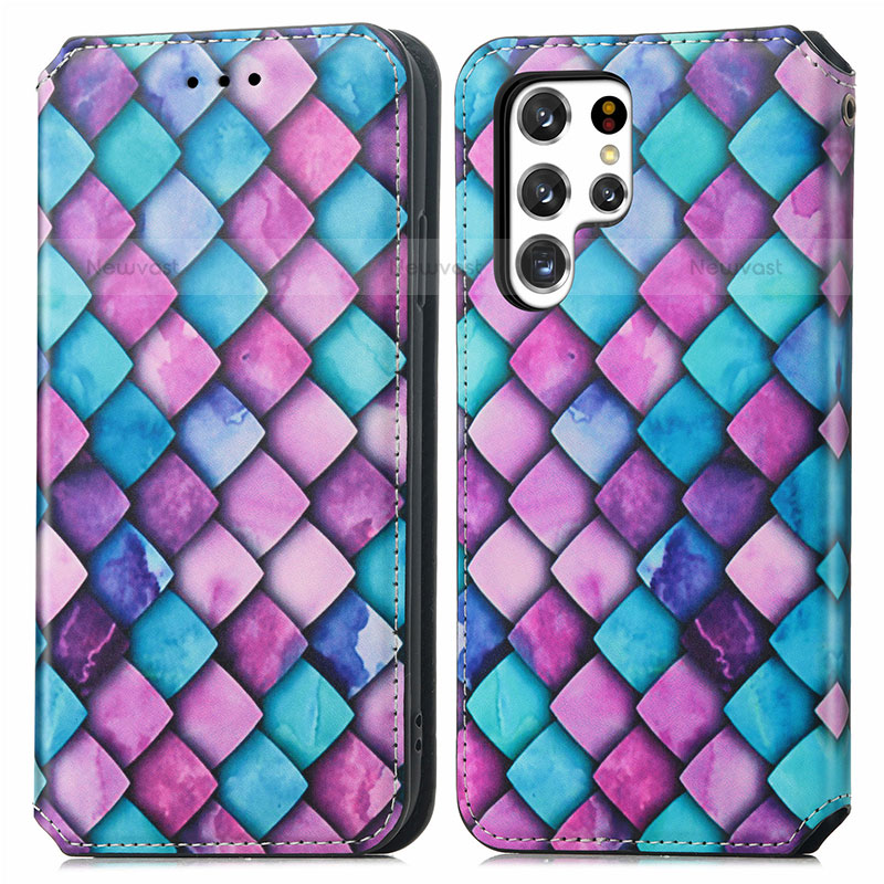 Leather Case Stands Fashionable Pattern Flip Cover Holder S03D for Samsung Galaxy S21 Ultra 5G Purple