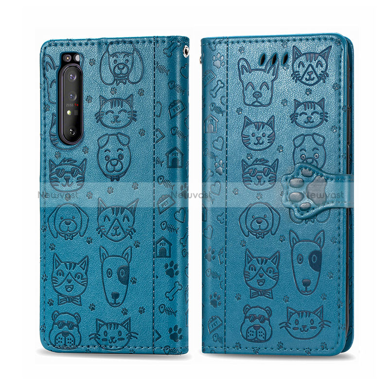 Leather Case Stands Fashionable Pattern Flip Cover Holder S03D for Sony Xperia 1 II Blue