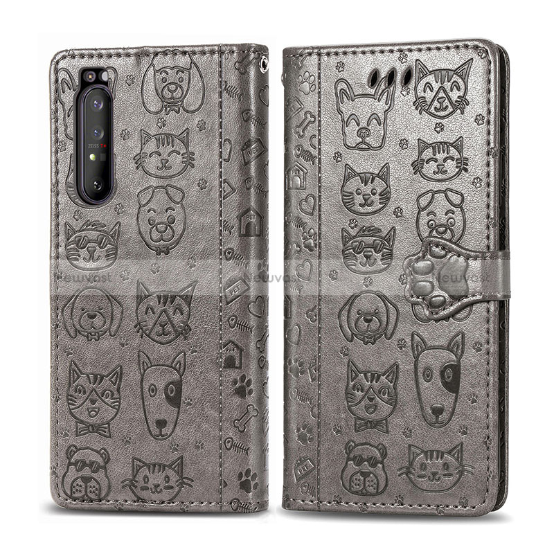 Leather Case Stands Fashionable Pattern Flip Cover Holder S03D for Sony Xperia 1 II Gray