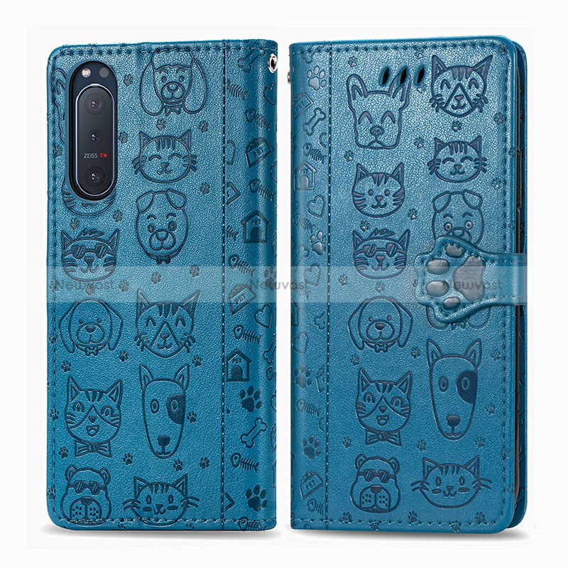 Leather Case Stands Fashionable Pattern Flip Cover Holder S03D for Sony Xperia 5 II Blue