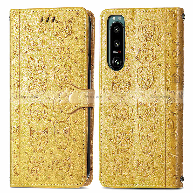 Leather Case Stands Fashionable Pattern Flip Cover Holder S03D for Sony Xperia 5 III Yellow