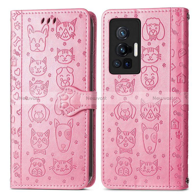 Leather Case Stands Fashionable Pattern Flip Cover Holder S03D for Vivo X70 Pro 5G Pink