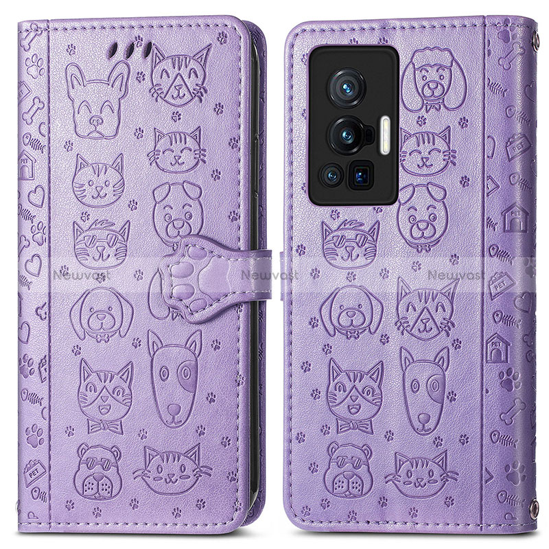 Leather Case Stands Fashionable Pattern Flip Cover Holder S03D for Vivo X70 Pro 5G Purple