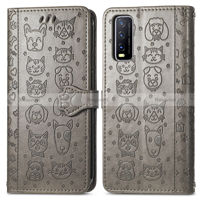 Leather Case Stands Fashionable Pattern Flip Cover Holder S03D for Vivo Y11s Gray