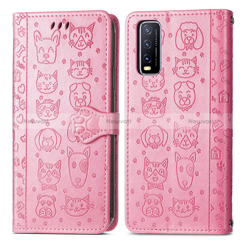 Leather Case Stands Fashionable Pattern Flip Cover Holder S03D for Vivo Y11s Pink