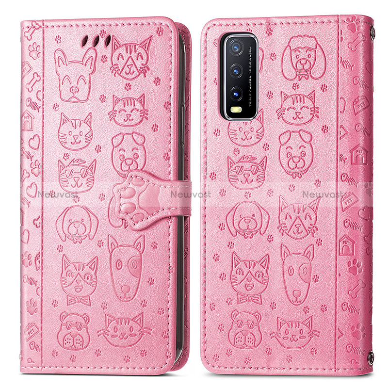 Leather Case Stands Fashionable Pattern Flip Cover Holder S03D for Vivo Y12s Pink