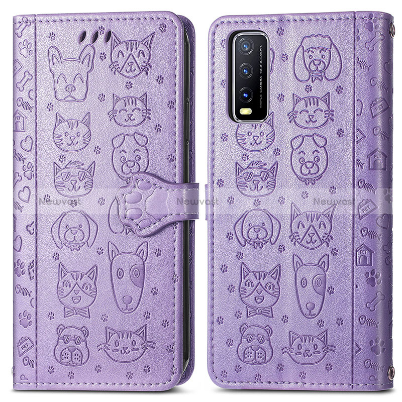 Leather Case Stands Fashionable Pattern Flip Cover Holder S03D for Vivo Y20s Purple