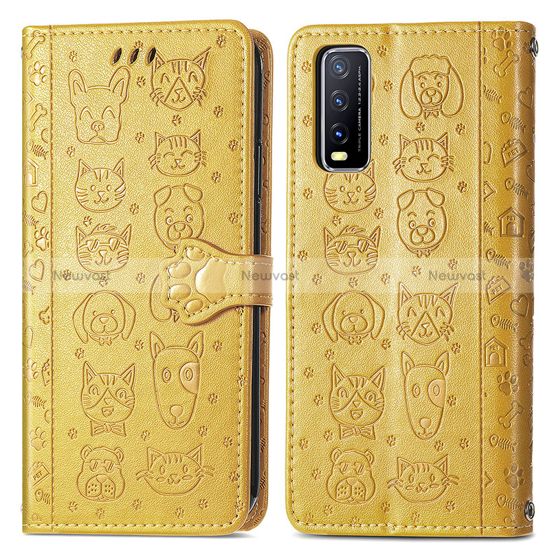 Leather Case Stands Fashionable Pattern Flip Cover Holder S03D for Vivo Y20s Yellow