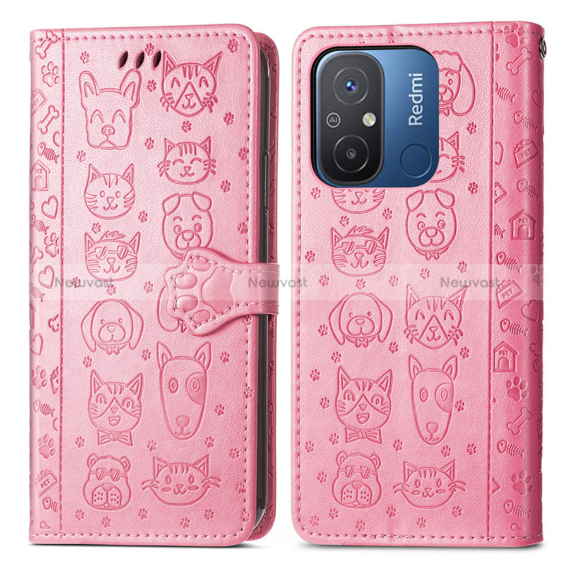 Leather Case Stands Fashionable Pattern Flip Cover Holder S03D for Xiaomi Poco C55 Pink