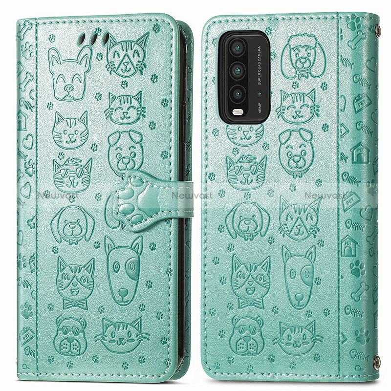Leather Case Stands Fashionable Pattern Flip Cover Holder S03D for Xiaomi Redmi 9T 4G Green
