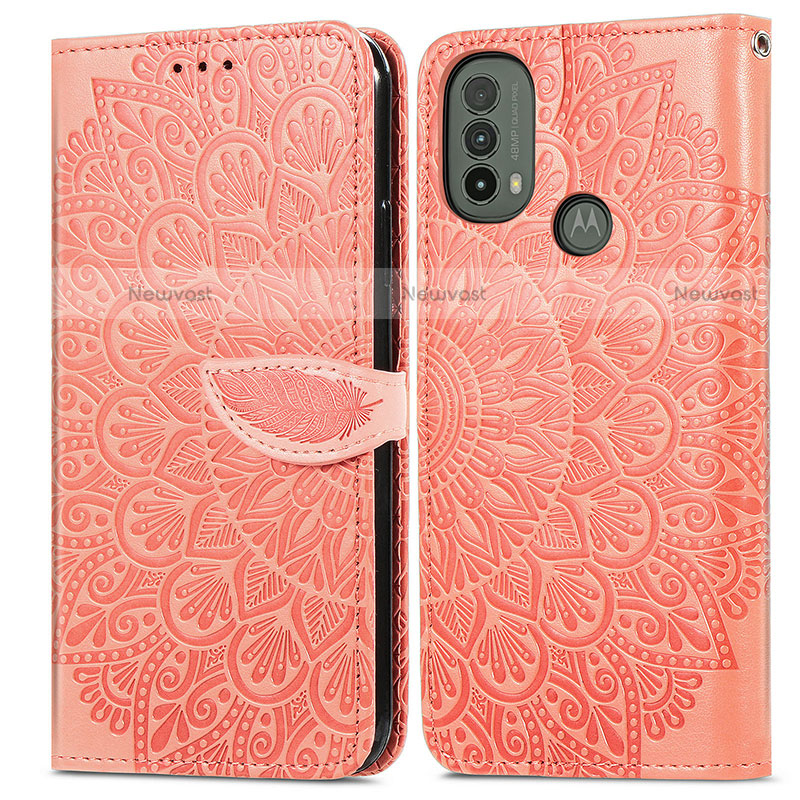 Leather Case Stands Fashionable Pattern Flip Cover Holder S04D for Motorola Moto E30 Orange