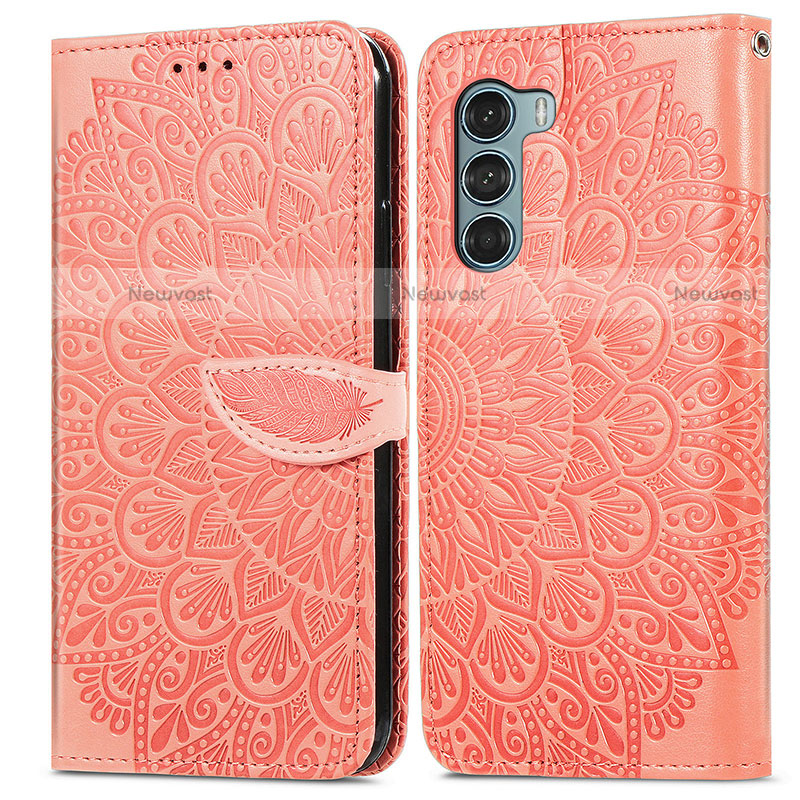 Leather Case Stands Fashionable Pattern Flip Cover Holder S04D for Motorola Moto G200 5G Orange