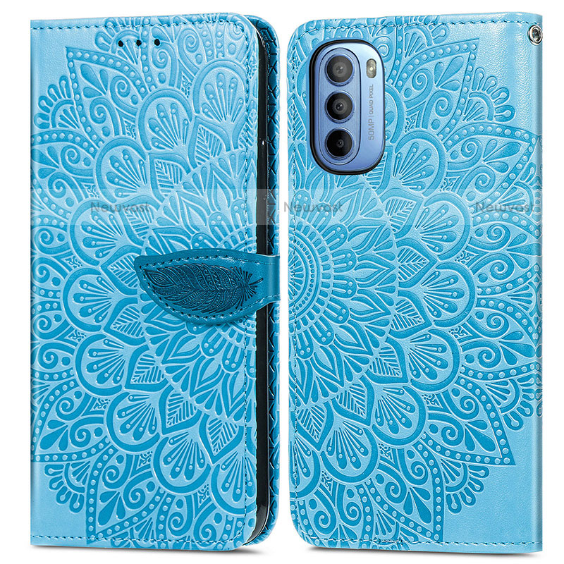 Leather Case Stands Fashionable Pattern Flip Cover Holder S04D for Motorola Moto G31 Blue