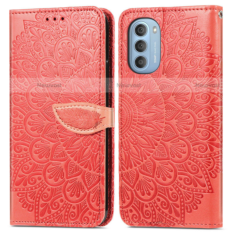 Leather Case Stands Fashionable Pattern Flip Cover Holder S04D for Motorola Moto G51 5G Red
