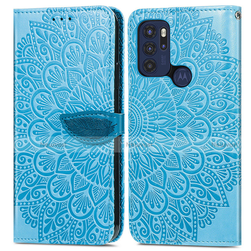 Leather Case Stands Fashionable Pattern Flip Cover Holder S04D for Motorola Moto G60s Blue