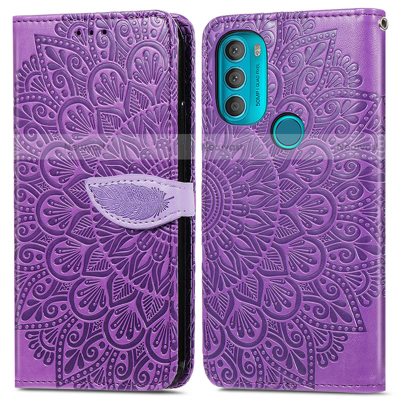 Leather Case Stands Fashionable Pattern Flip Cover Holder S04D for Motorola Moto G71 5G Purple