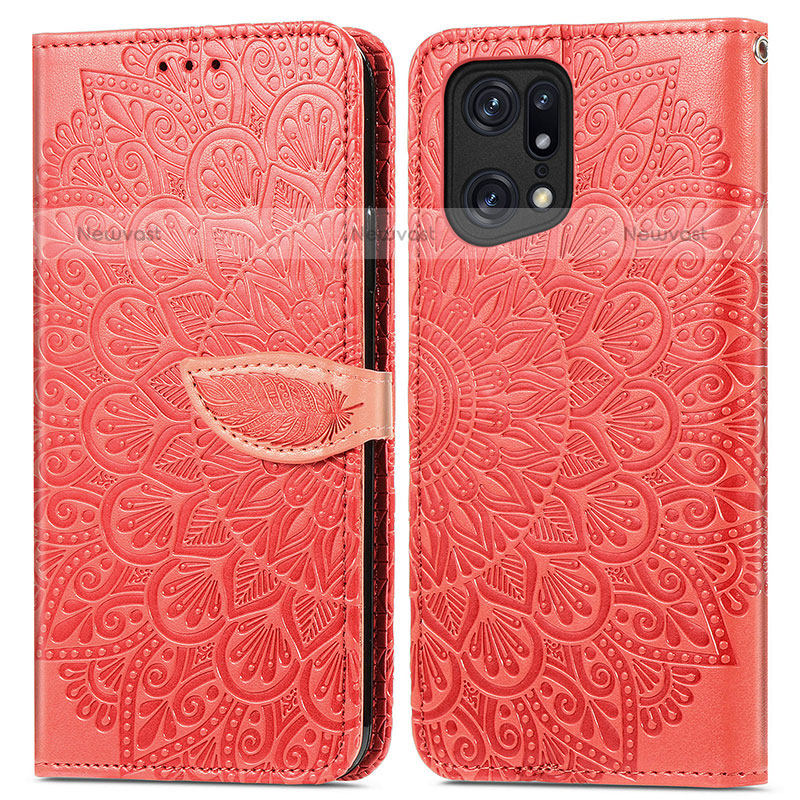 Leather Case Stands Fashionable Pattern Flip Cover Holder S04D for Oppo Find X5 Pro 5G Red