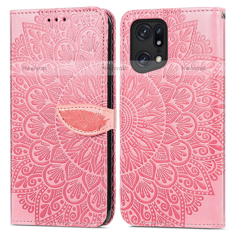 Leather Case Stands Fashionable Pattern Flip Cover Holder S04D for Oppo Find X5 Pro 5G Rose Gold