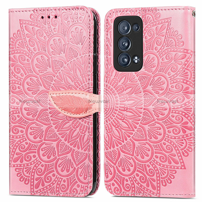 Leather Case Stands Fashionable Pattern Flip Cover Holder S04D for Oppo Reno6 Pro+ Plus 5G Rose Gold