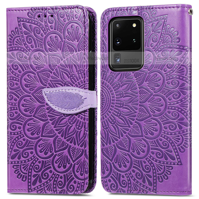 Leather Case Stands Fashionable Pattern Flip Cover Holder S04D for Samsung Galaxy S20 Ultra 5G Purple