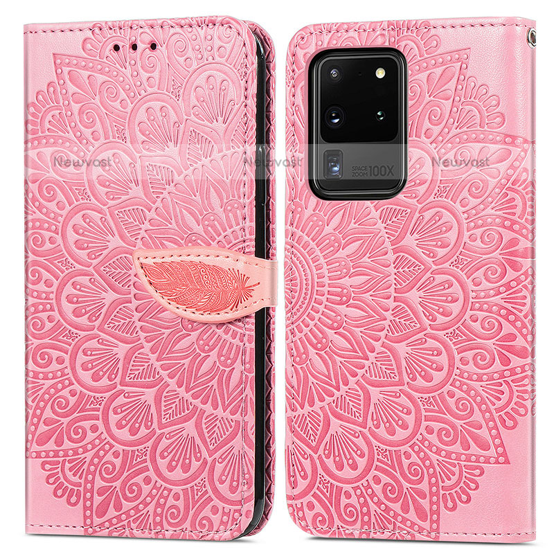 Leather Case Stands Fashionable Pattern Flip Cover Holder S04D for Samsung Galaxy S20 Ultra Rose Gold