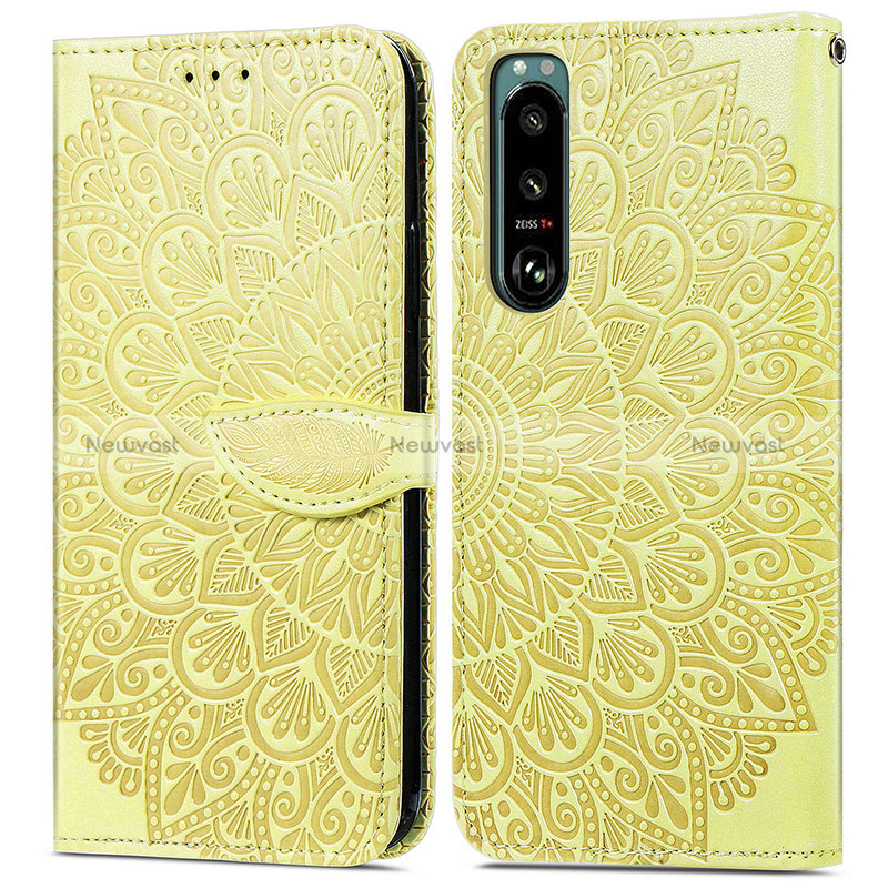 Leather Case Stands Fashionable Pattern Flip Cover Holder S04D for Sony Xperia 5 III Yellow