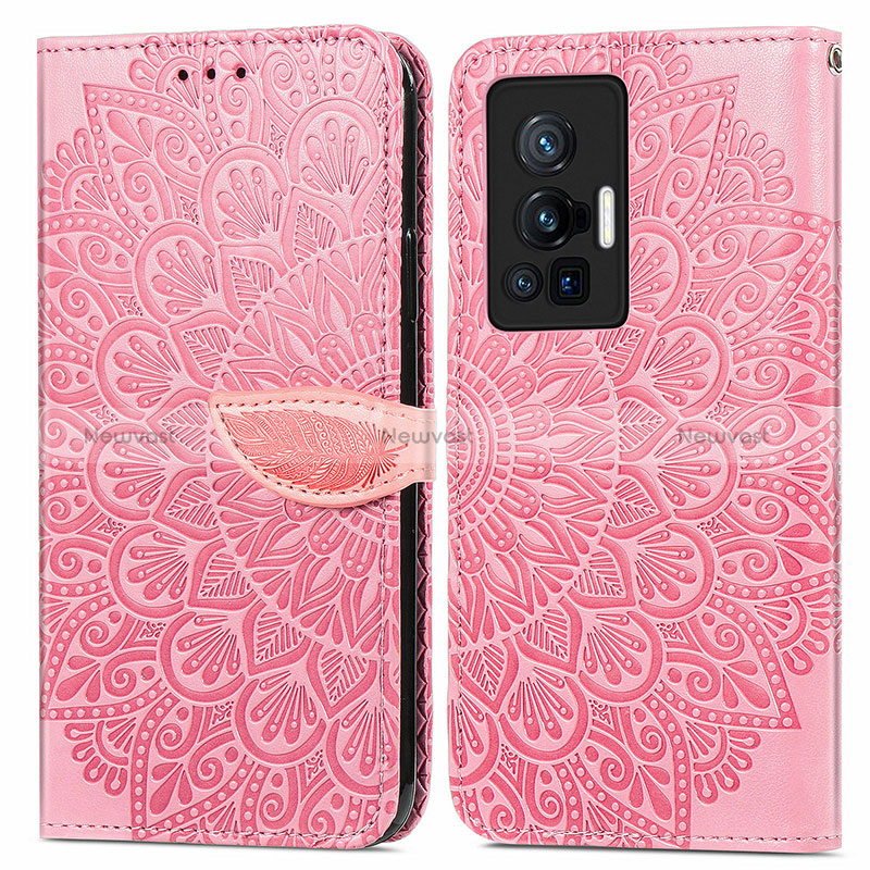 Leather Case Stands Fashionable Pattern Flip Cover Holder S04D for Vivo X70 Pro 5G Rose Gold