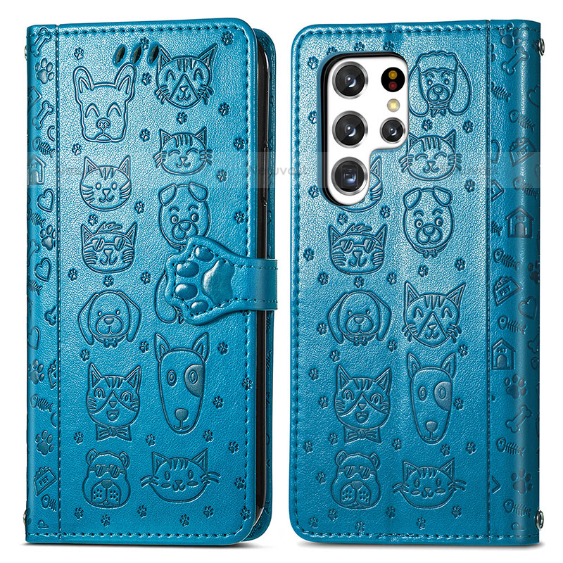 Leather Case Stands Fashionable Pattern Flip Cover Holder S05D for Samsung Galaxy S23 Ultra 5G Blue