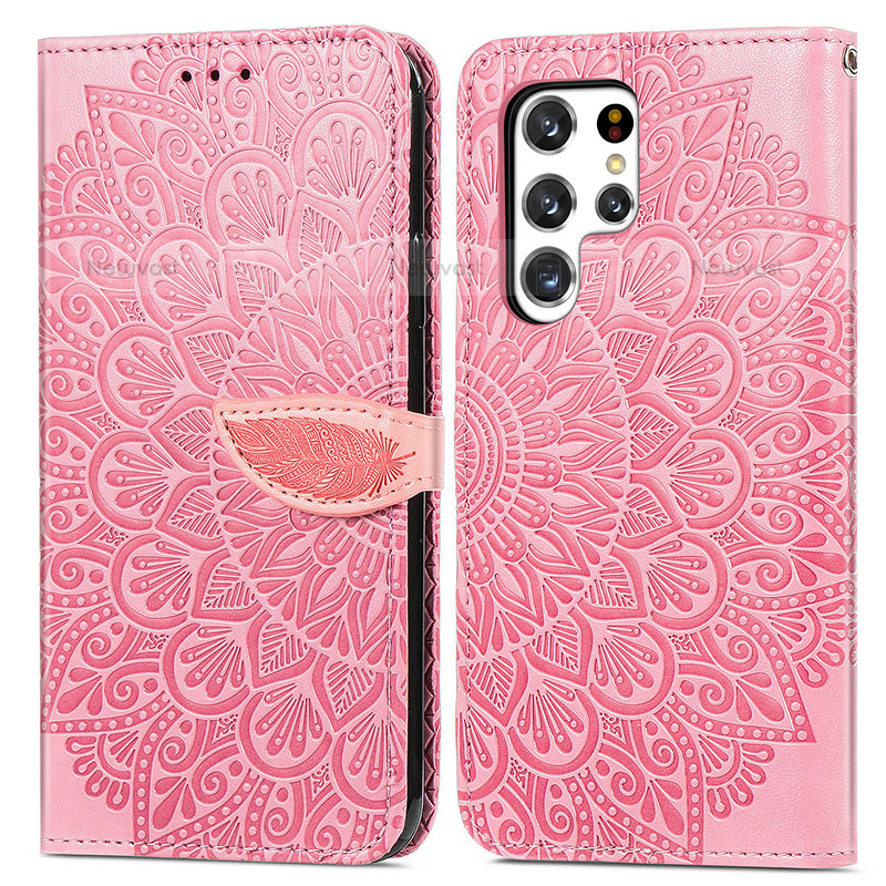 Leather Case Stands Fashionable Pattern Flip Cover Holder S07D for Samsung Galaxy S22 Ultra 5G Rose Gold