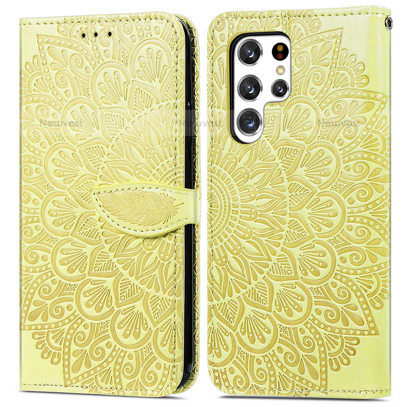 Leather Case Stands Fashionable Pattern Flip Cover Holder S07D for Samsung Galaxy S23 Ultra 5G Yellow