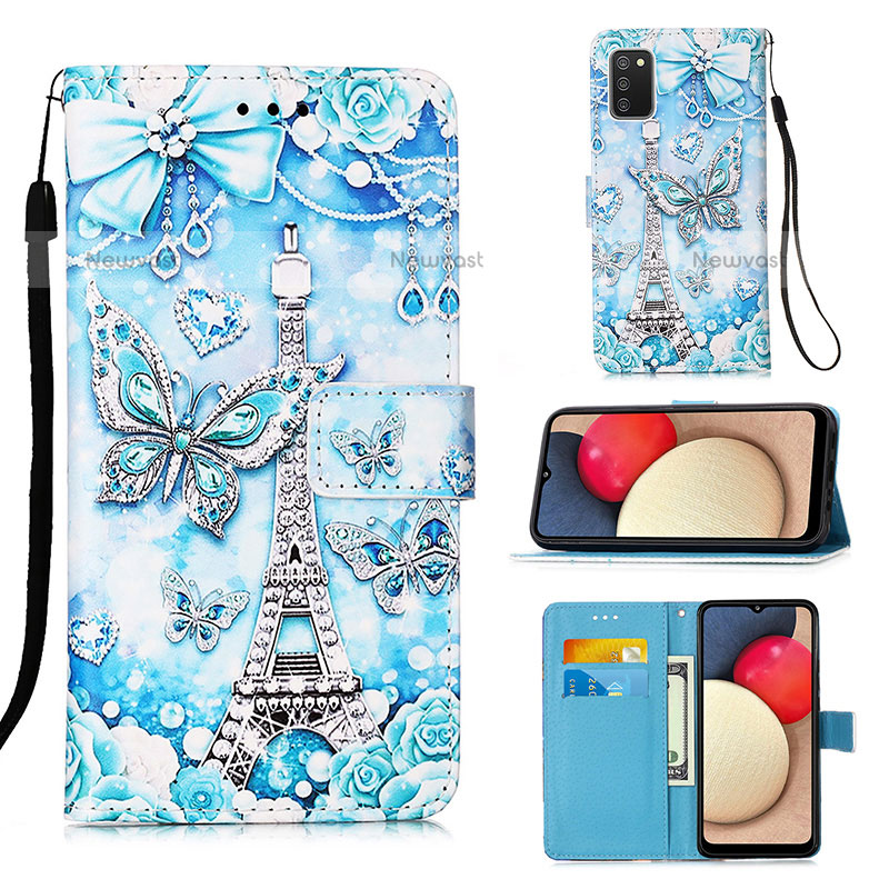 Leather Case Stands Fashionable Pattern Flip Cover Holder Y02B for Samsung Galaxy A02s Mint Blue