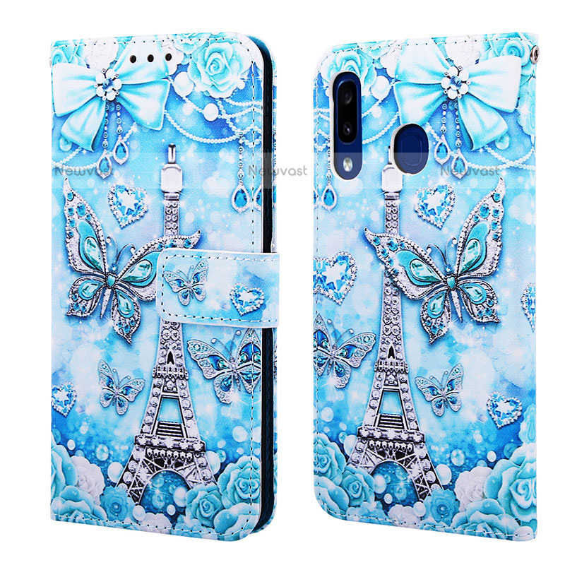 Leather Case Stands Fashionable Pattern Flip Cover Holder Y02B for Samsung Galaxy A20 Mint Blue