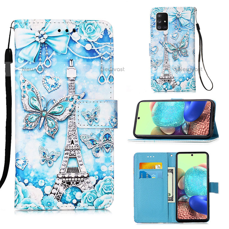 Leather Case Stands Fashionable Pattern Flip Cover Holder Y02B for Samsung Galaxy A71 4G A715 Mint Blue