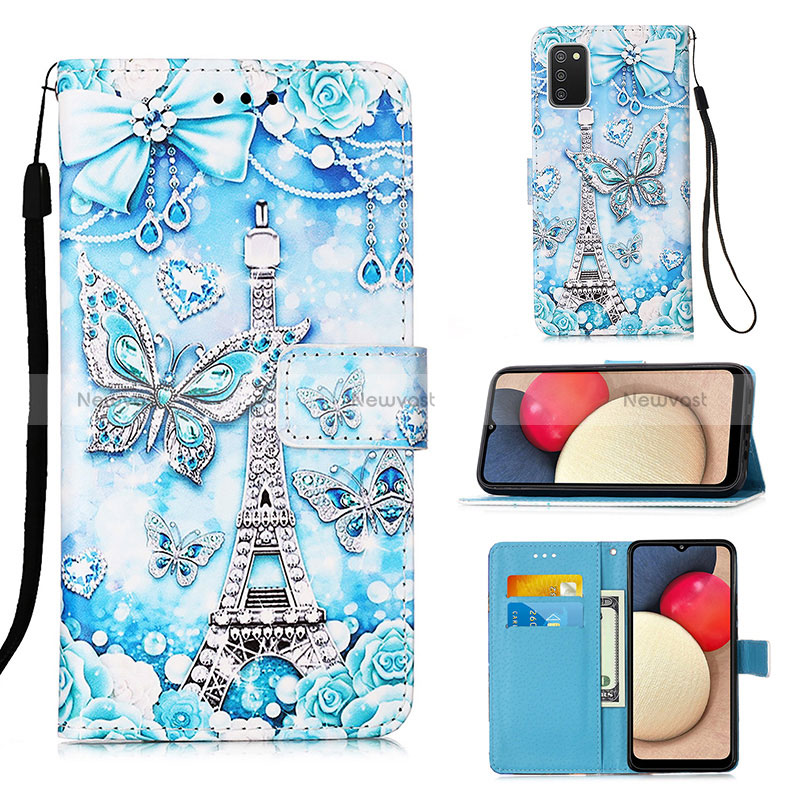 Leather Case Stands Fashionable Pattern Flip Cover Holder Y02B for Samsung Galaxy M02s Mint Blue