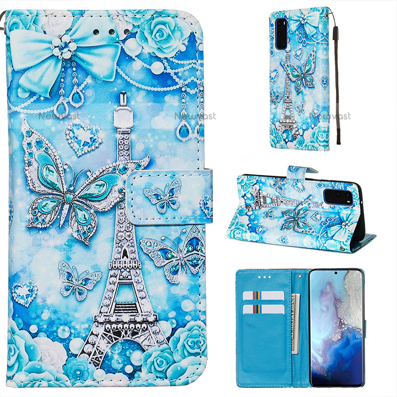 Leather Case Stands Fashionable Pattern Flip Cover Holder Y02B for Samsung Galaxy S20 5G Mint Blue