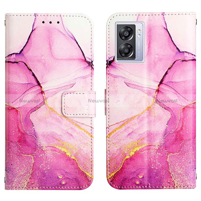 Leather Case Stands Fashionable Pattern Flip Cover Holder Y04B for Oppo A56S 5G Hot Pink
