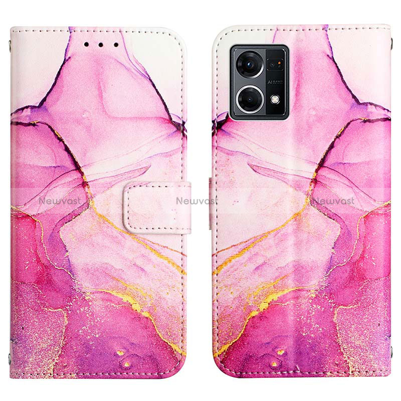 Leather Case Stands Fashionable Pattern Flip Cover Holder Y04B for Oppo Reno7 4G Hot Pink