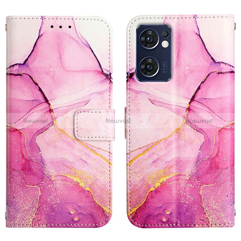 Leather Case Stands Fashionable Pattern Flip Cover Holder Y04B for Oppo Reno7 5G Hot Pink