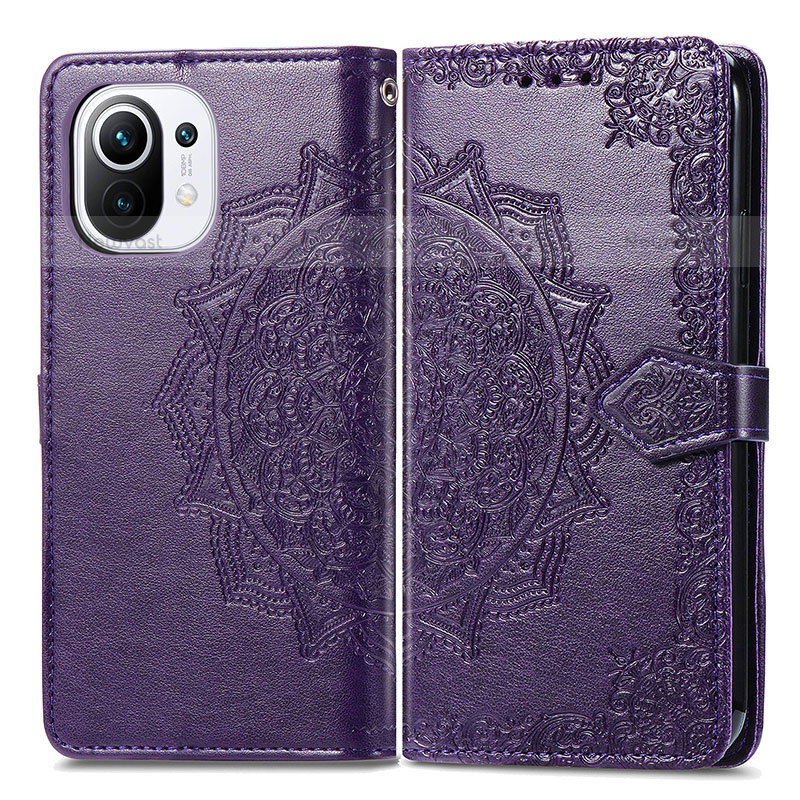 Leather Case Stands Fashionable Pattern Flip Cover L01 Holder for Xiaomi Mi 11 5G Purple